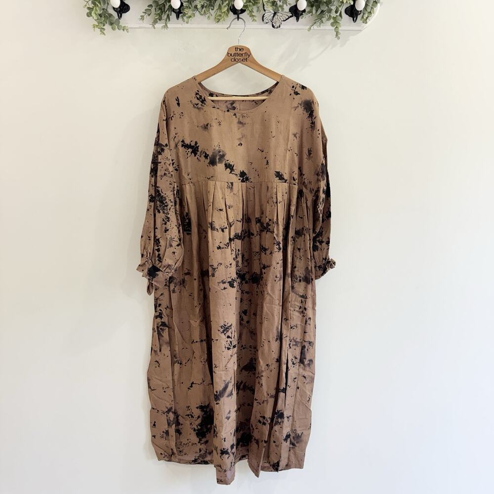 Matta Brown Marbled Pleated Midi Dress One Size Boho Cotton Silk Lagenlook #LW
